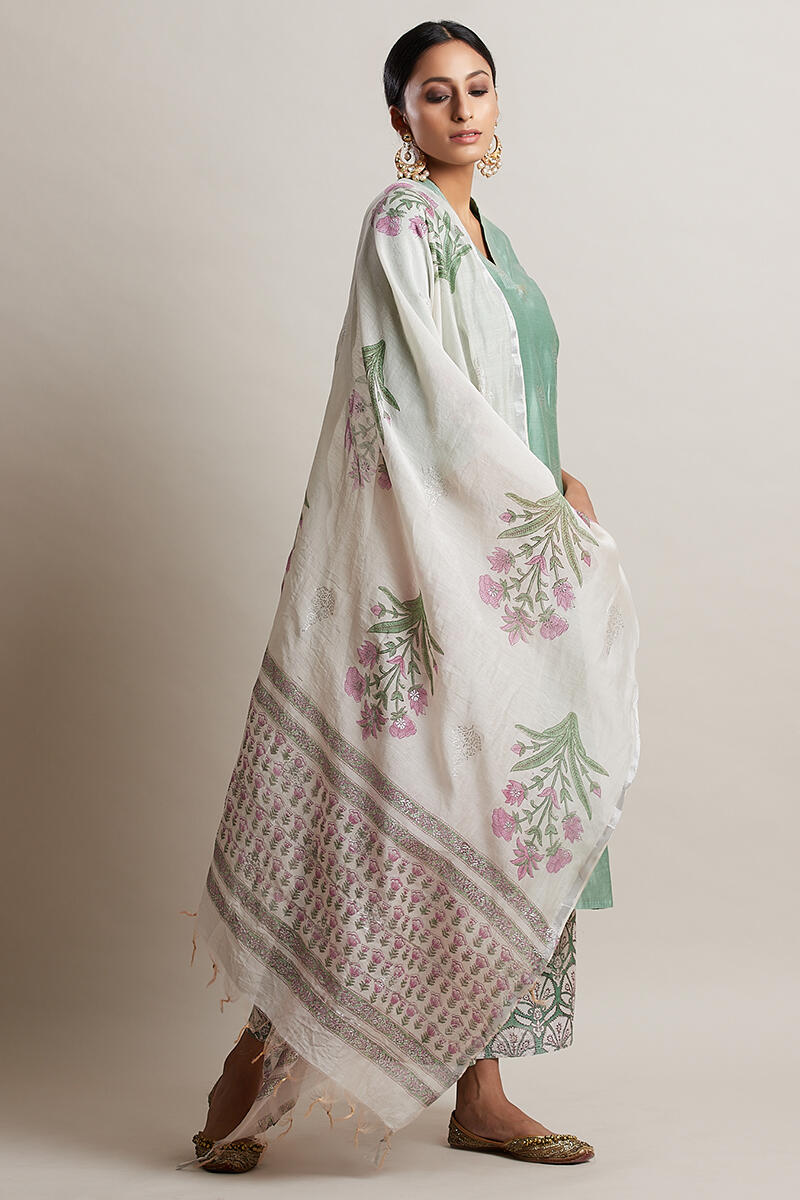 Off-White Block Printed Chanderi Dupatta