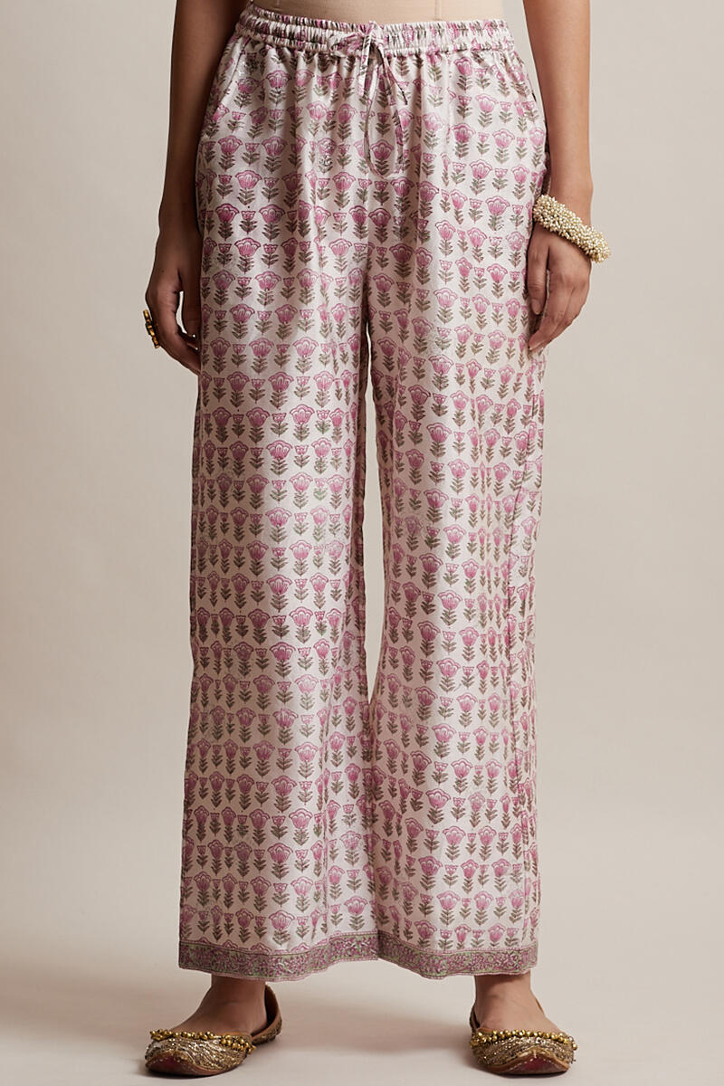 Purple Block Printed Chanderi Farsi Pants