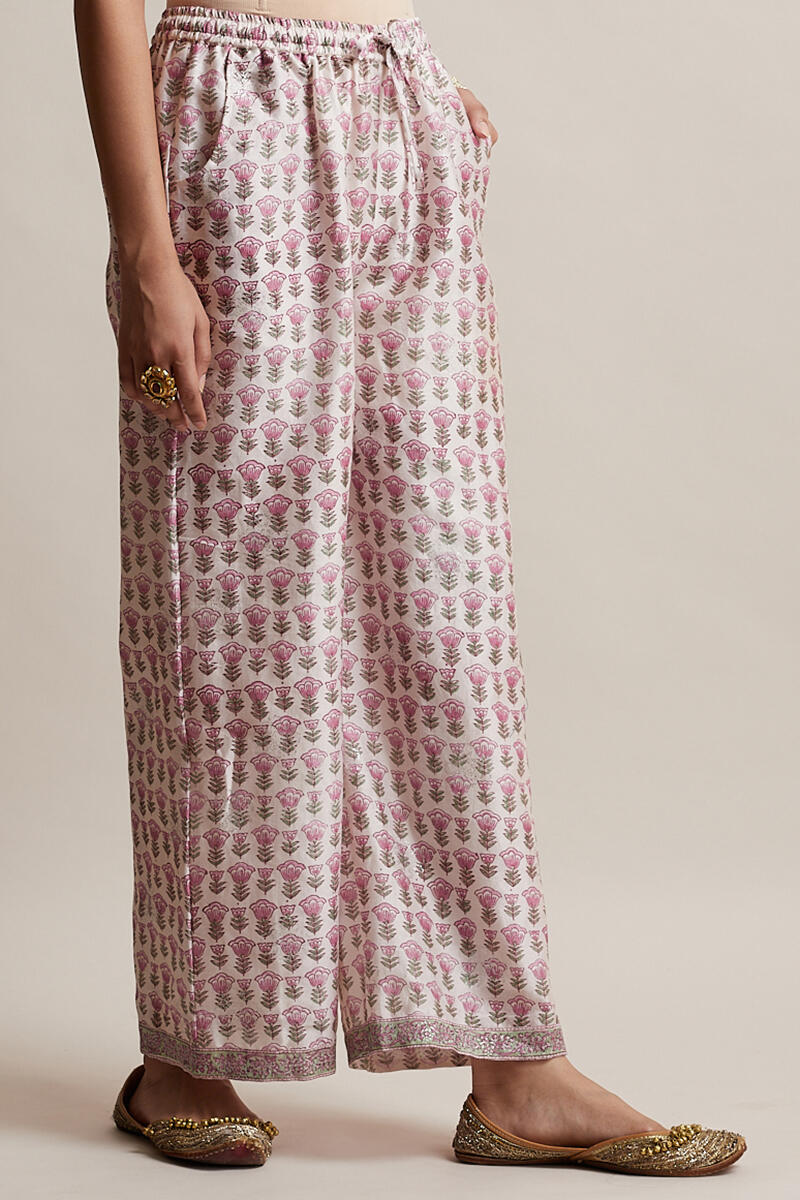 Purple Block Printed Chanderi Farsi Pants