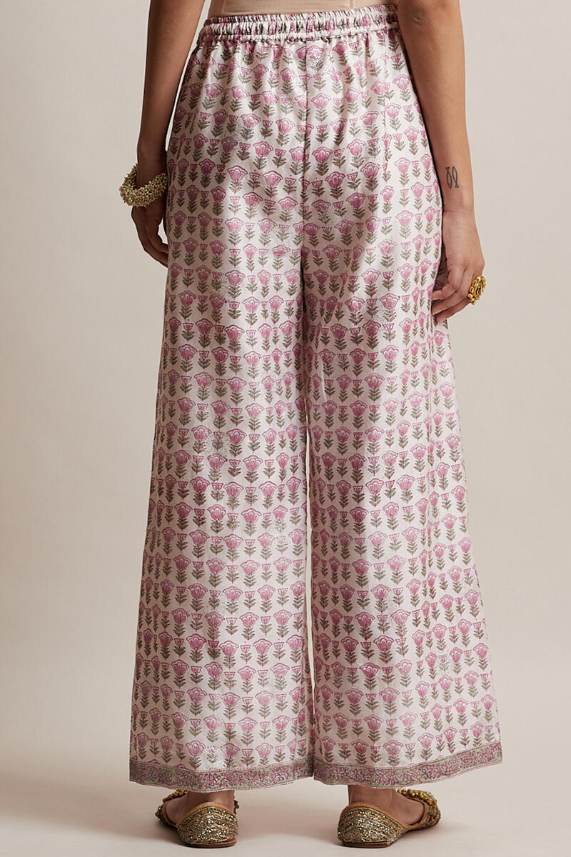 Purple Block Printed Chanderi Farsi Pants