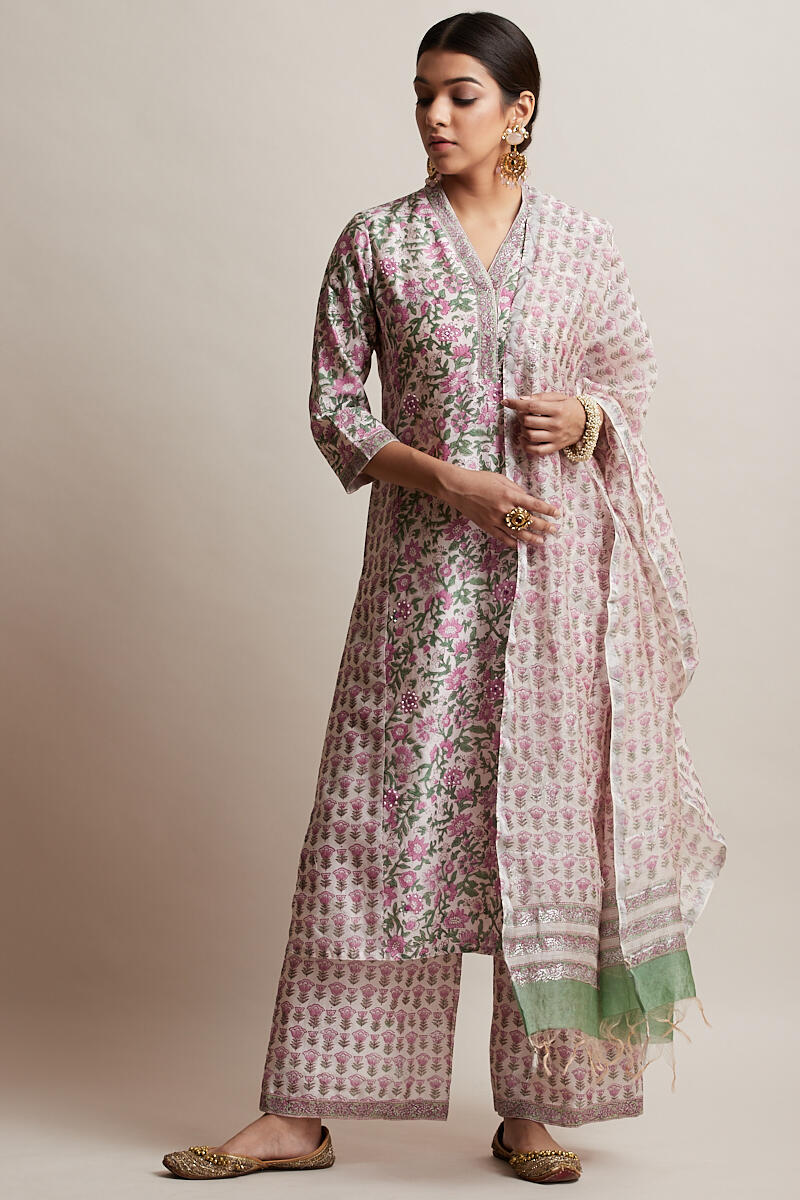 Purple Block Printed Chanderi Farsi Pants