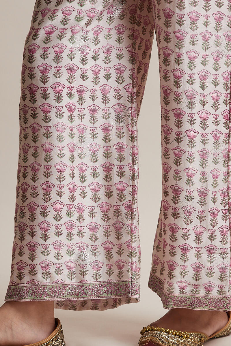 Purple Block Printed Chanderi Farsi Pants