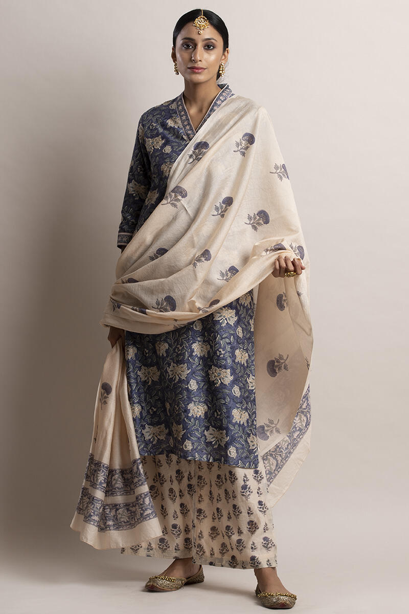 Beige Block Printed Chanderi Dupatta