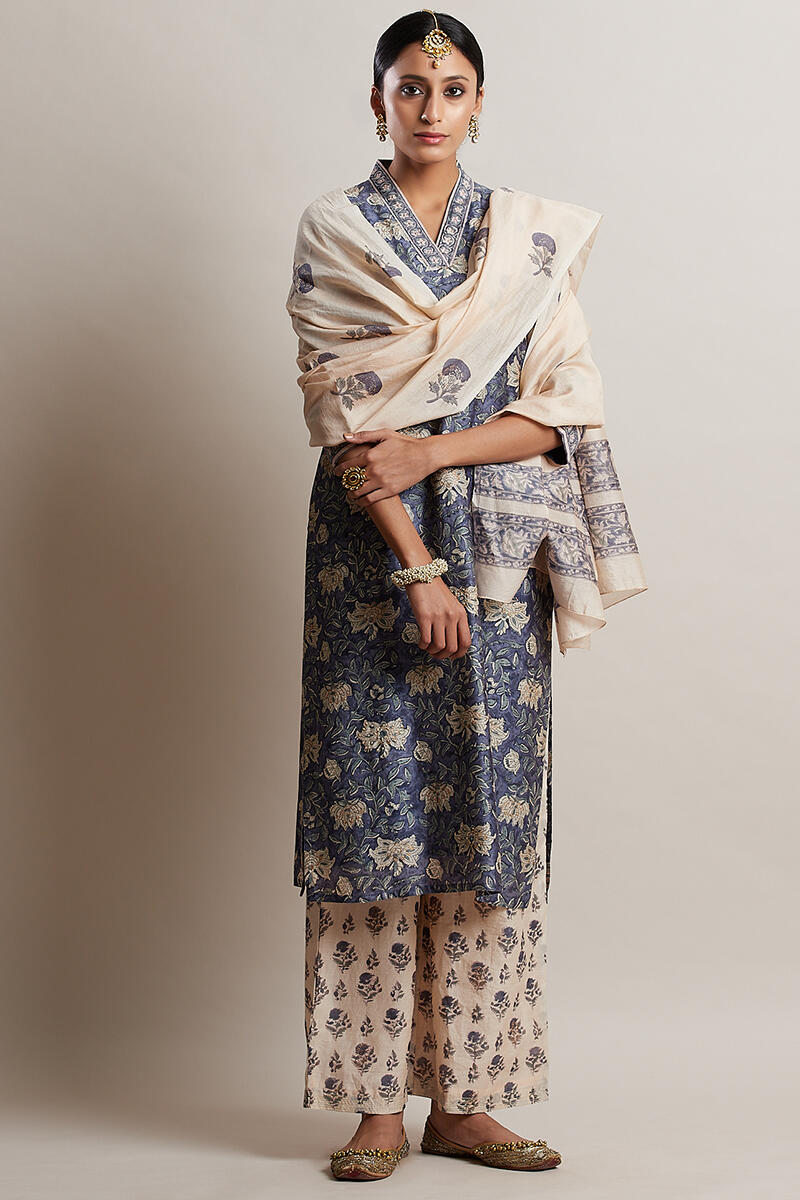 Beige Block Printed Chanderi Dupatta