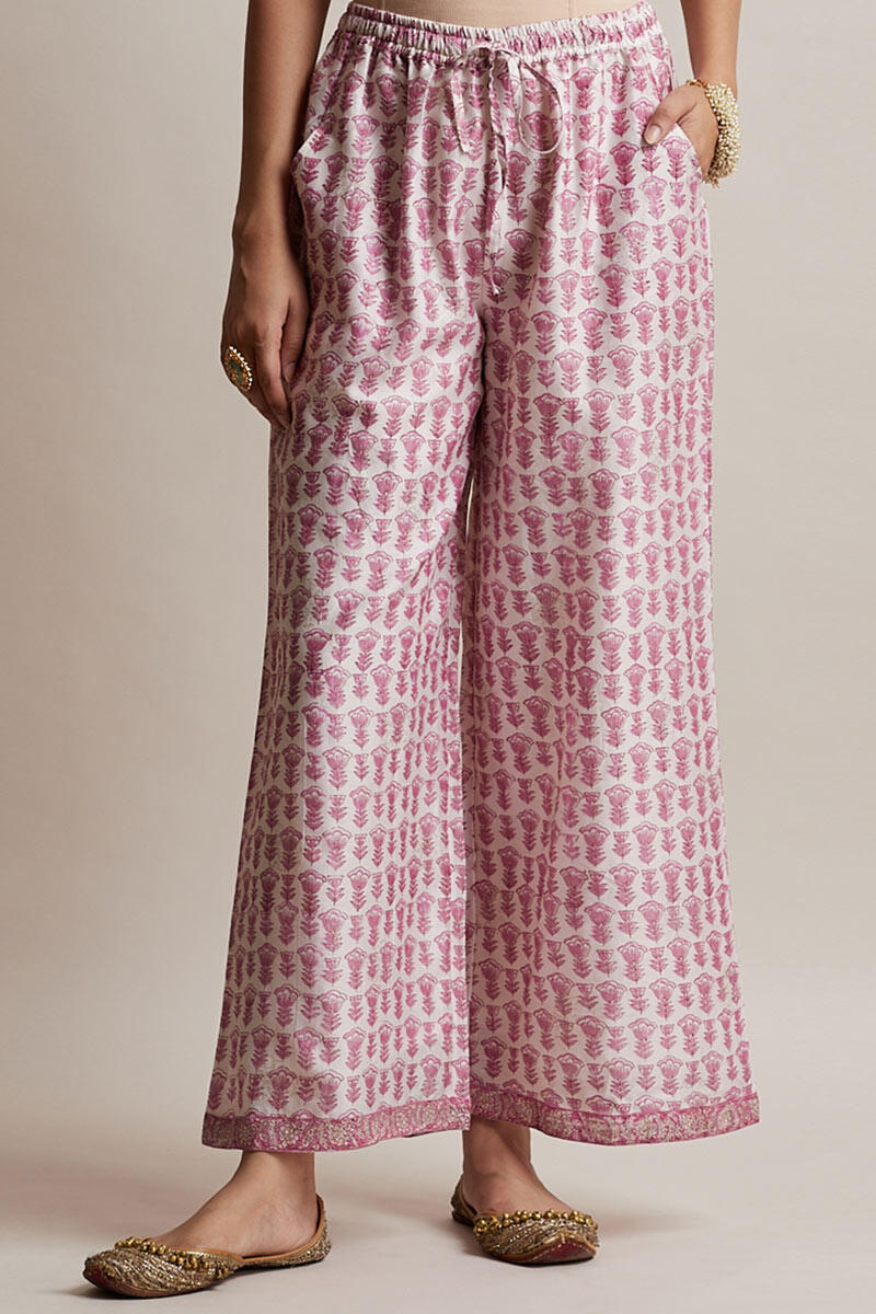 Pink Block Printed Chanderi Farsi Pants
