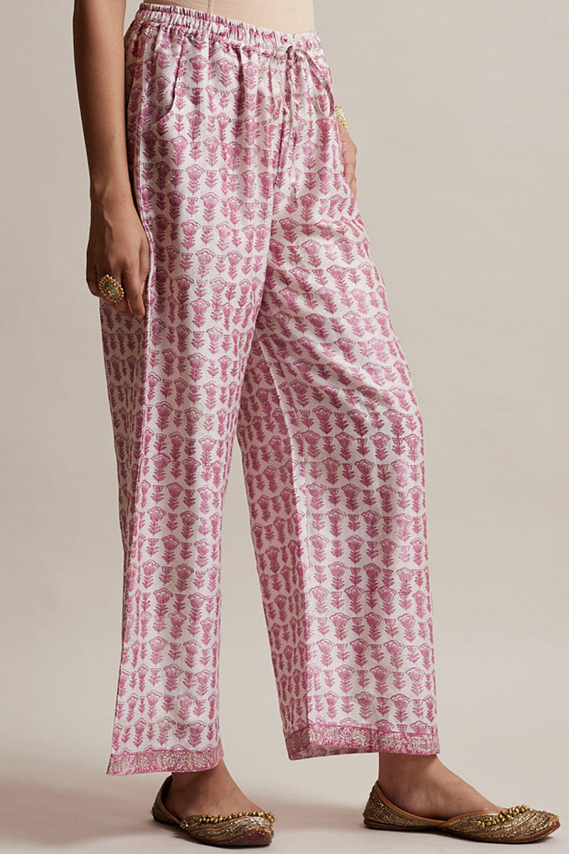 Pink Block Printed Chanderi Farsi Pants