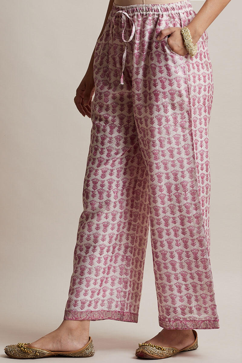 Pink Block Printed Chanderi Farsi Pants