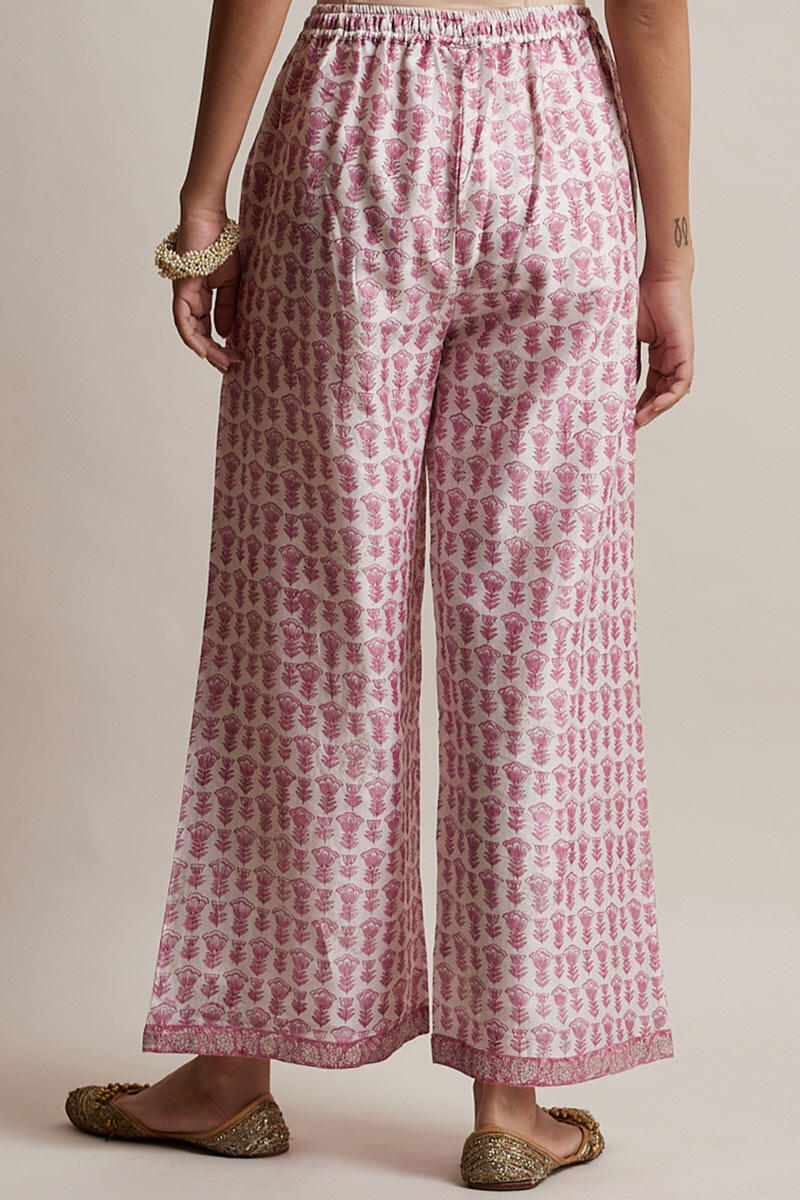 Pink Block Printed Chanderi Farsi Pants