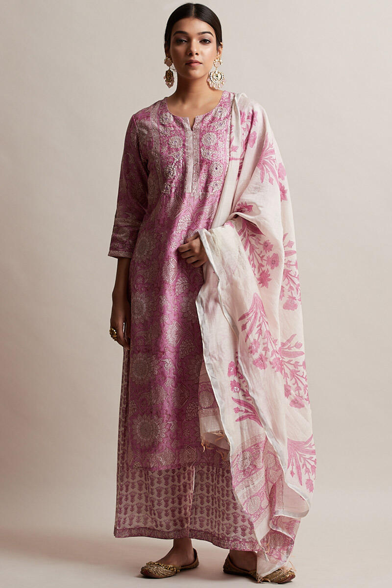 Pink Block Printed Chanderi Farsi Pants