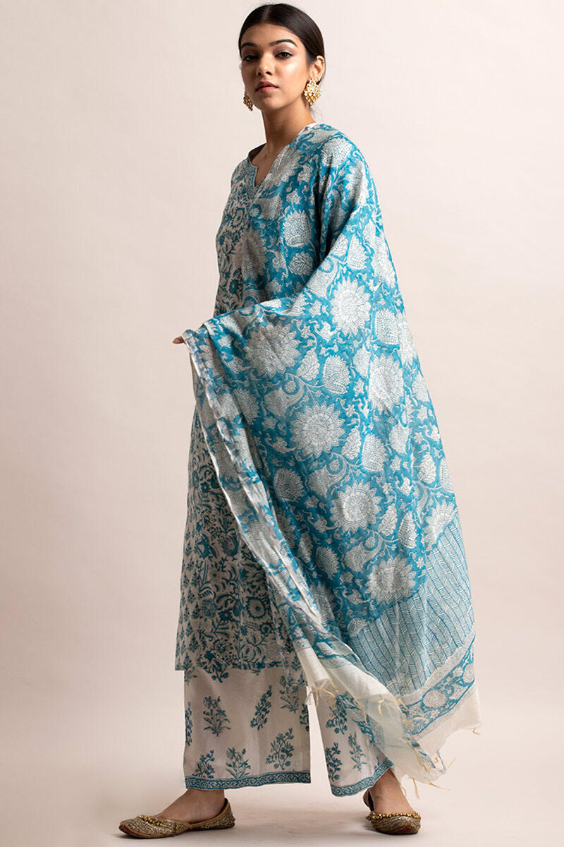 Blue Block Printed Chanderi Dupatta