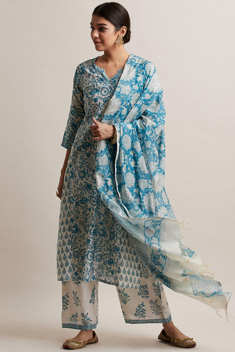 Blue Block Printed Chanderi Dupatta