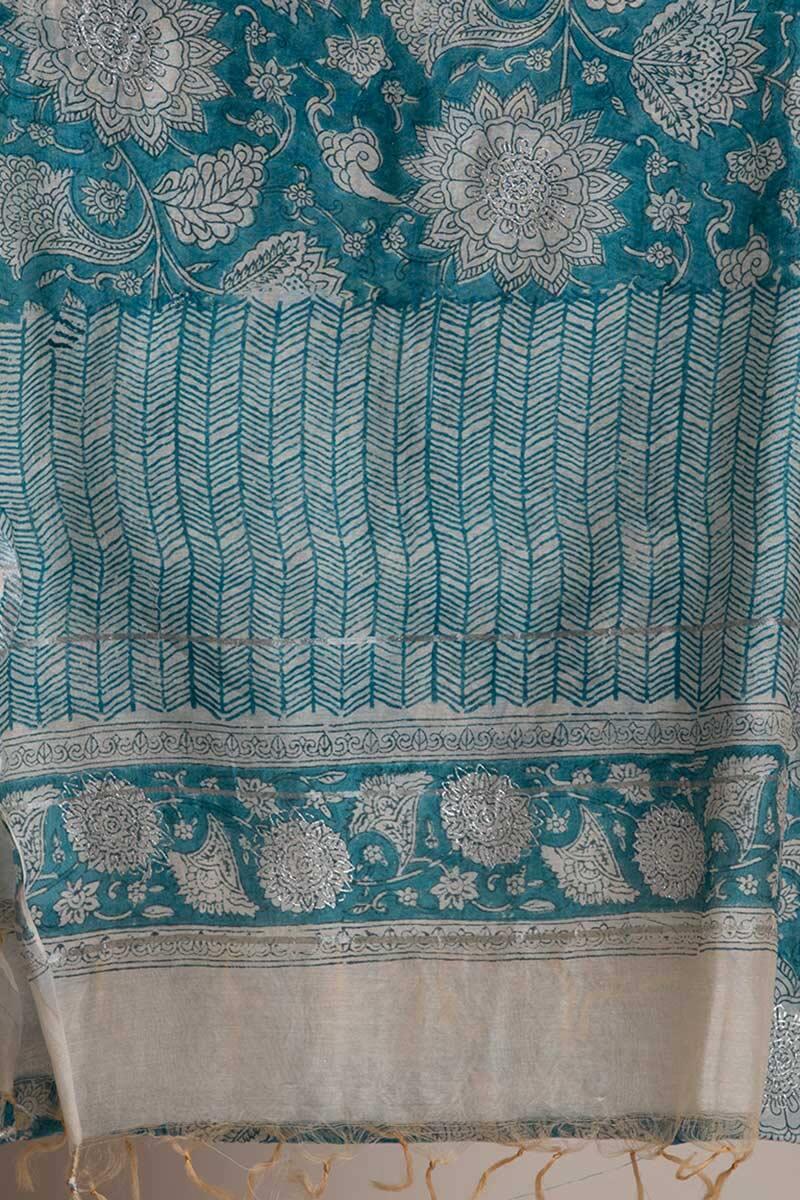 Blue Block Printed Chanderi Dupatta