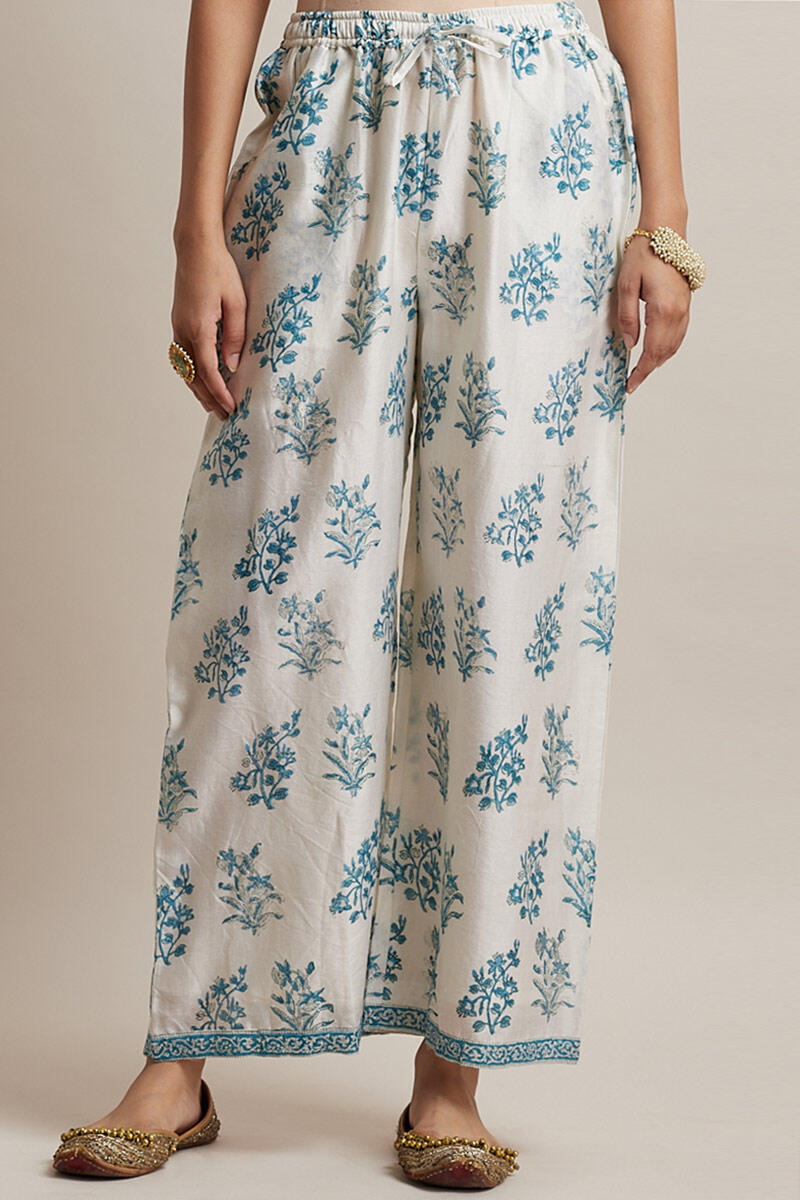 Beige Block Printed Chanderi Farsi Pants