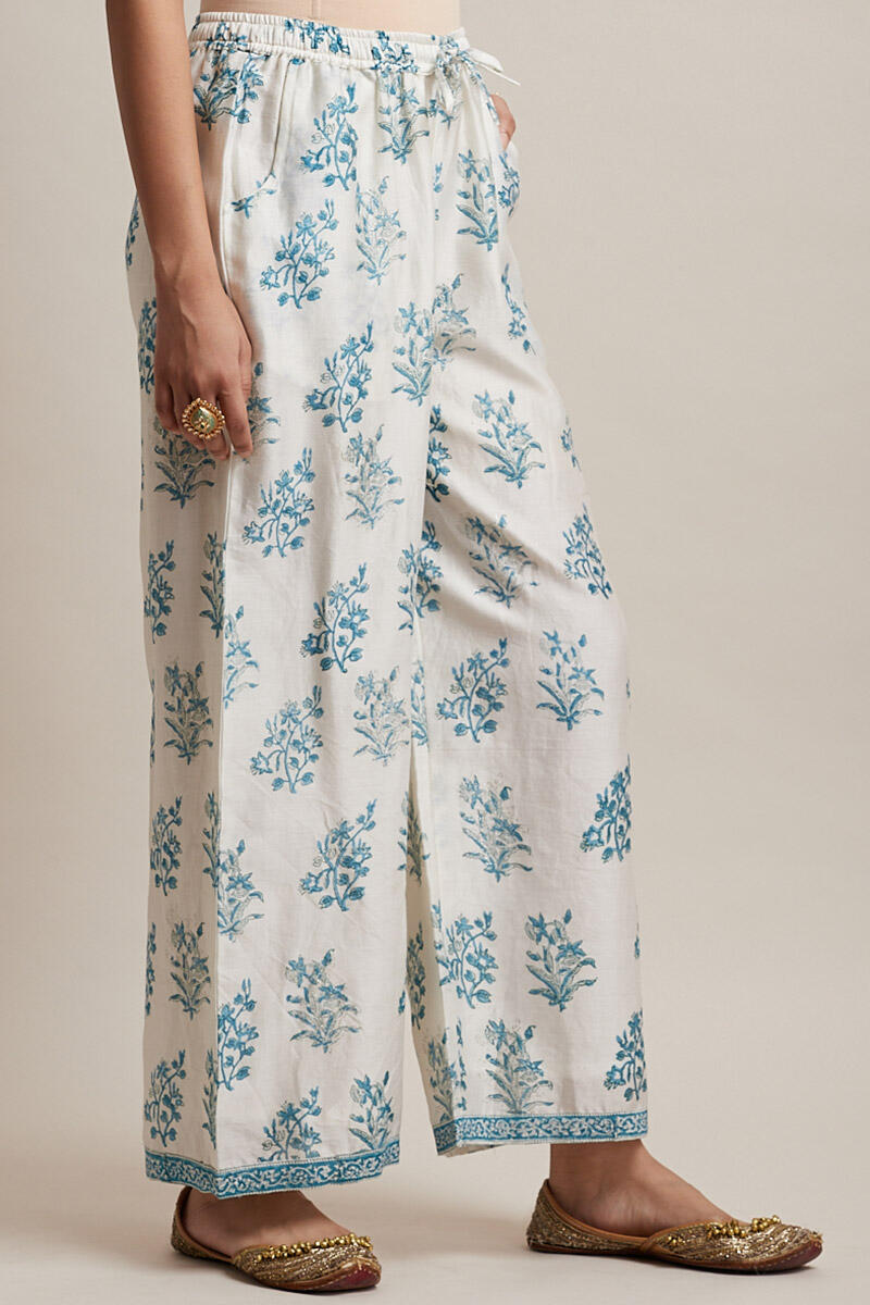 Beige Block Printed Chanderi Farsi Pants