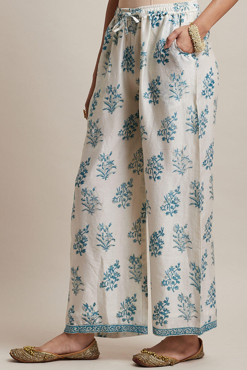 Beige Block Printed Chanderi Farsi Pants