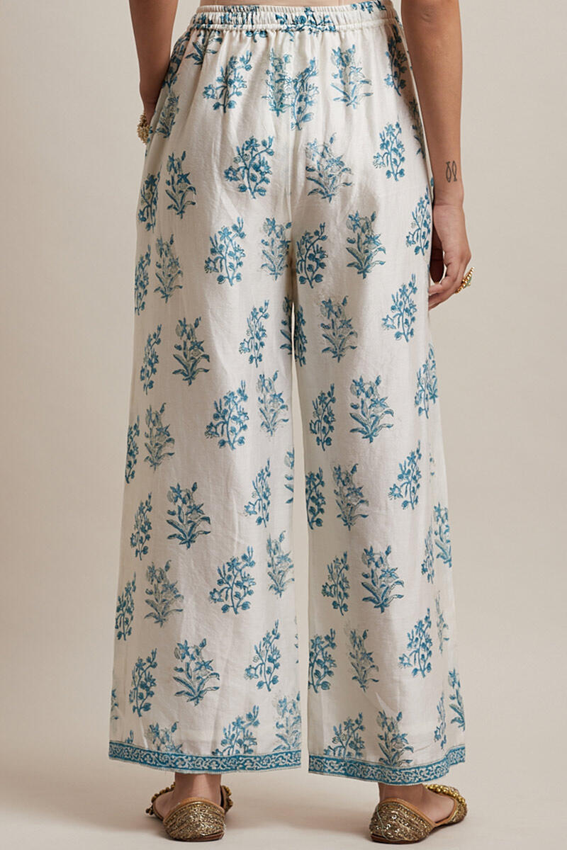 Beige Block Printed Chanderi Farsi Pants