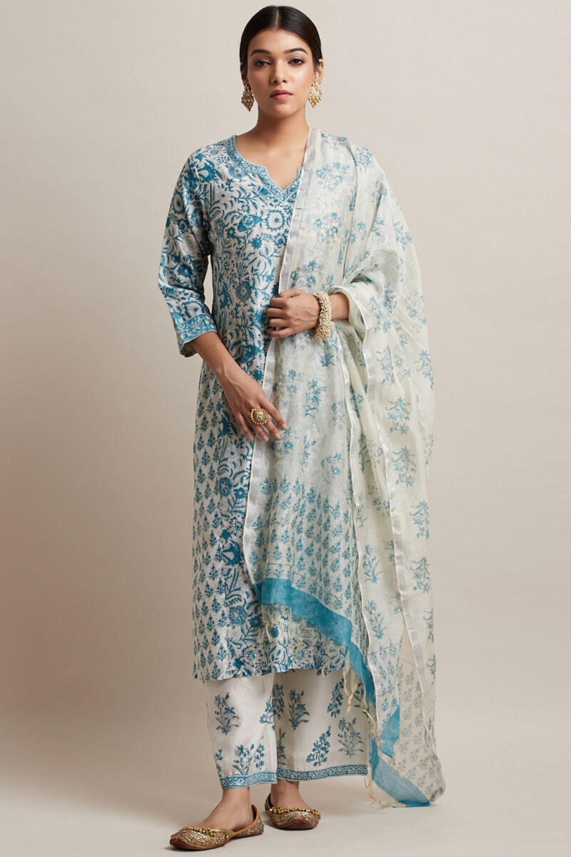 Beige Block Printed Chanderi Farsi Pants
