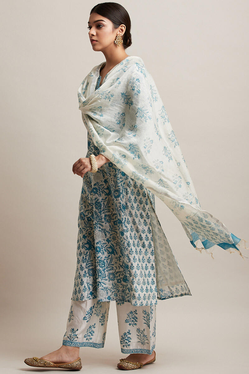 Beige Block Printed Chanderi Dupatta