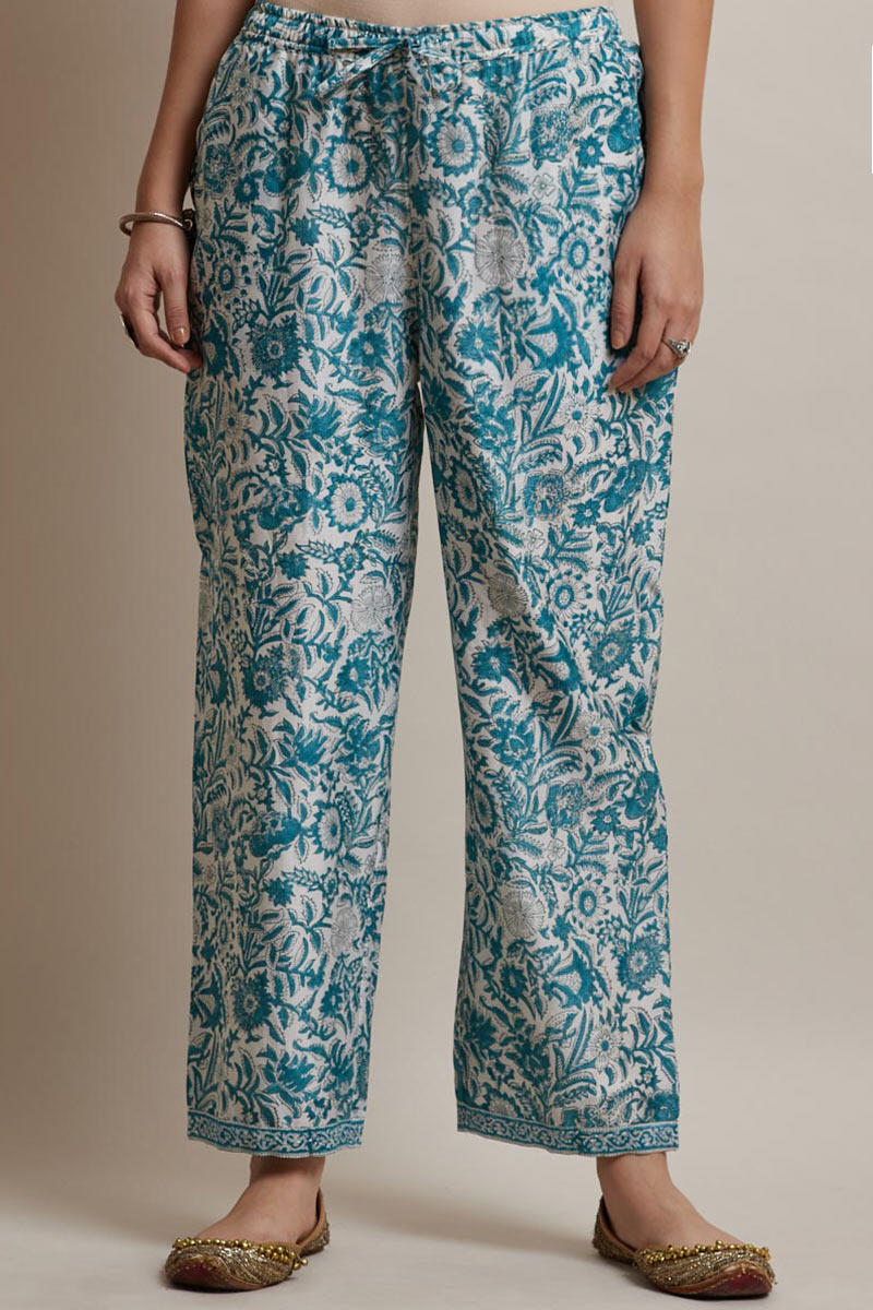 Blue Block Printed Chanderi Straight Farsi