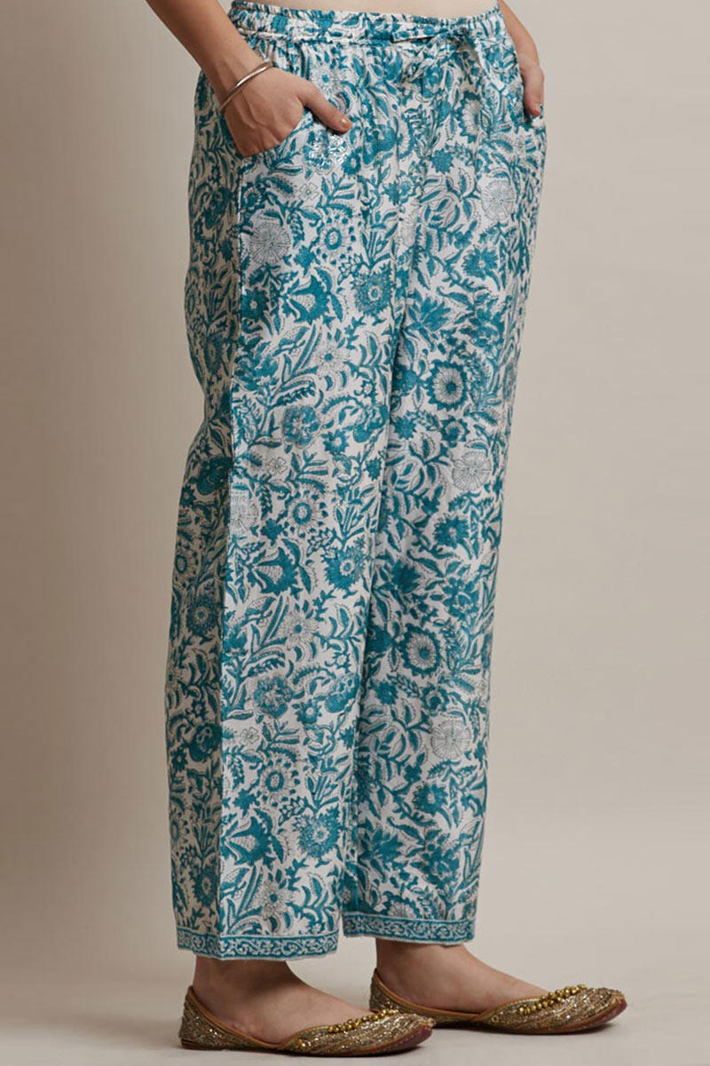 Blue Block Printed Chanderi Straight Farsi