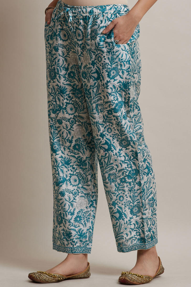 Blue Block Printed Chanderi Straight Farsi