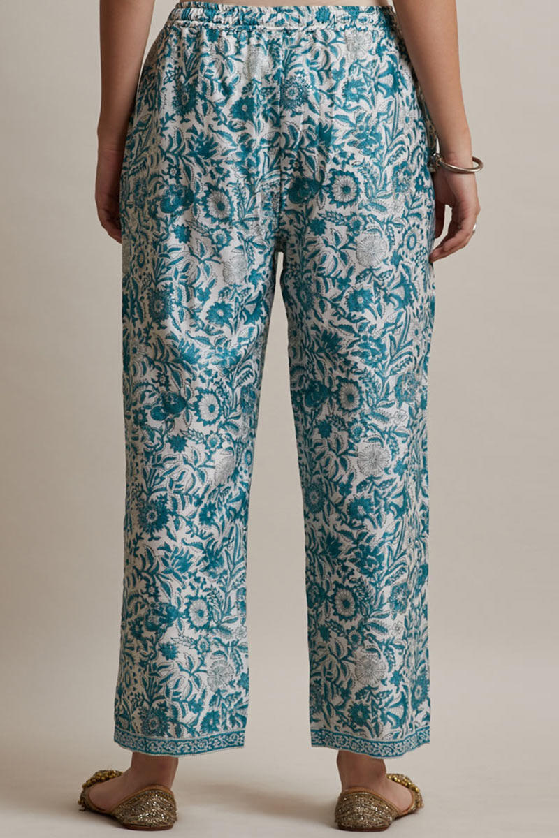 Blue Block Printed Chanderi Straight Farsi