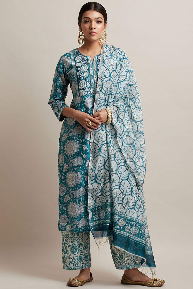 Blue Block Printed Chanderi Straight Farsi