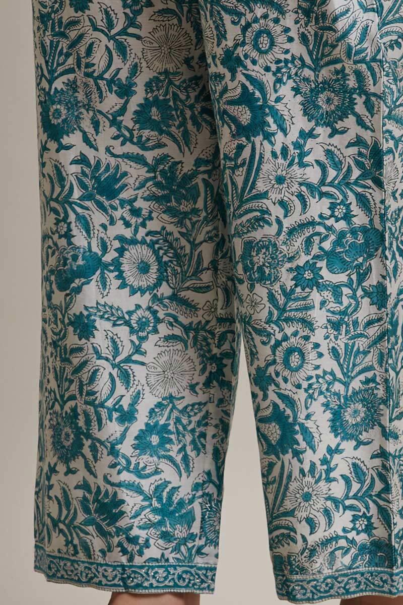 Blue Block Printed Chanderi Straight Farsi