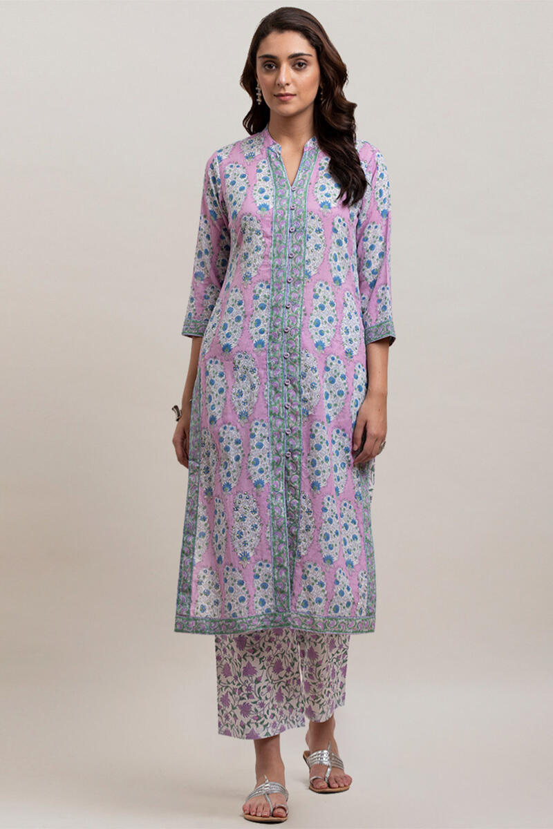 Purple Block Printed Straight Cotton Kurta