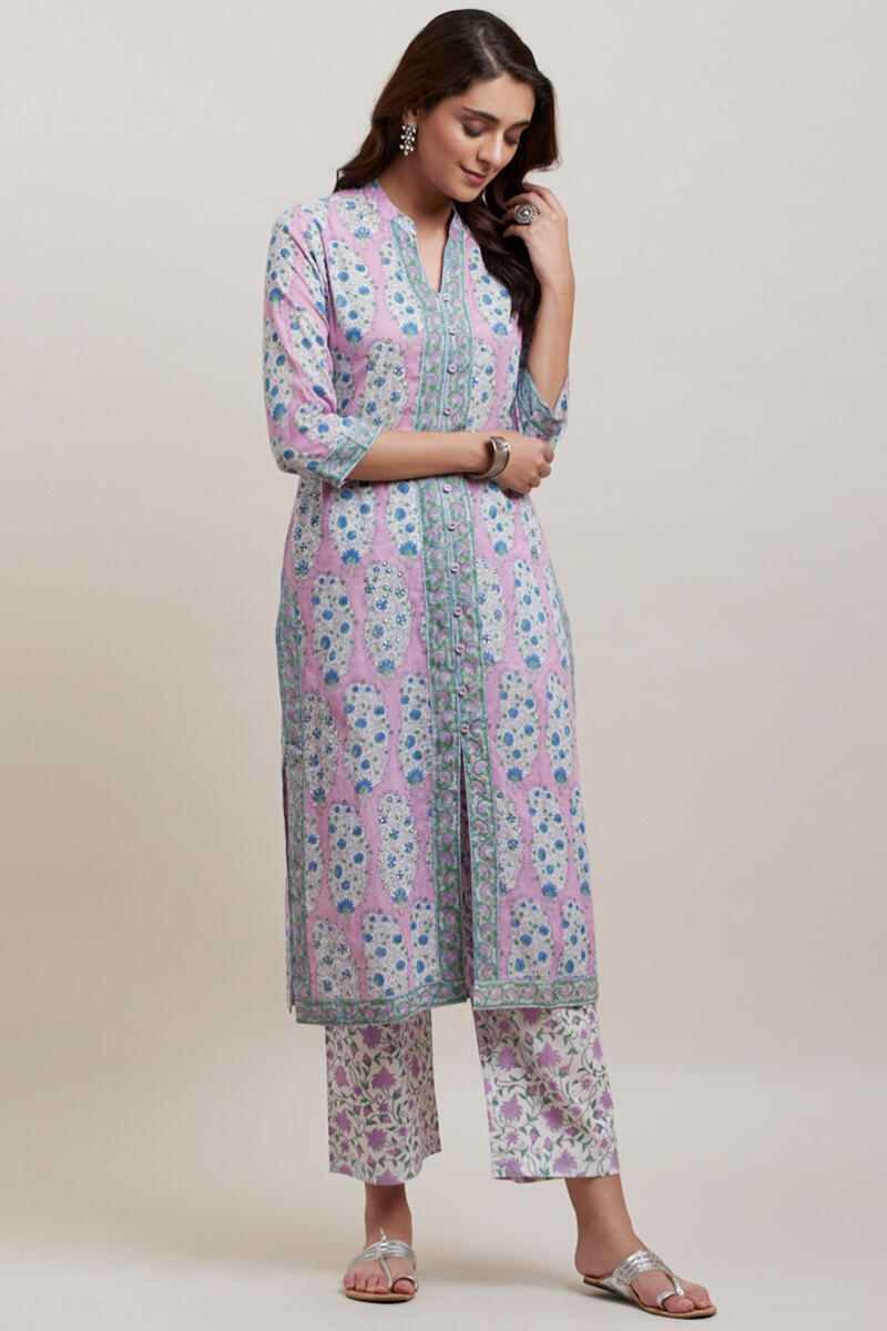 Purple Block Printed Straight Cotton Kurta