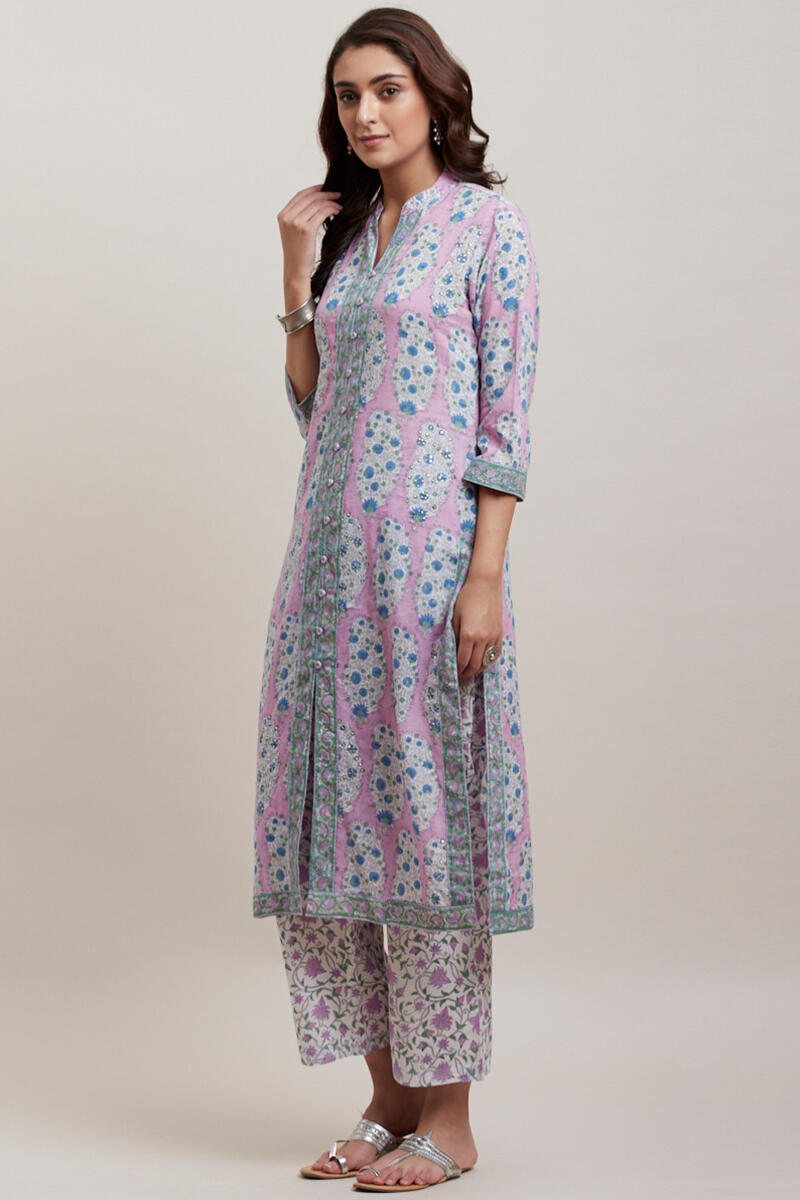 Purple Block Printed Straight Cotton Kurta