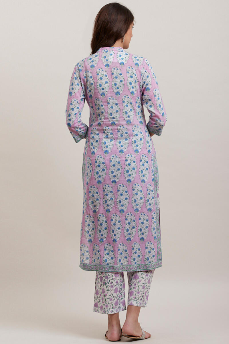 Purple Block Printed Straight Cotton Kurta