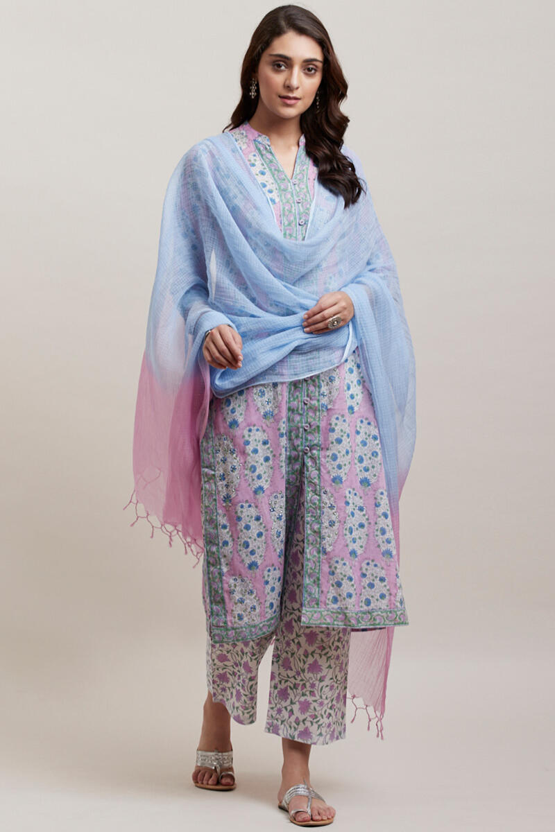 Purple Block Printed Straight Cotton Kurta