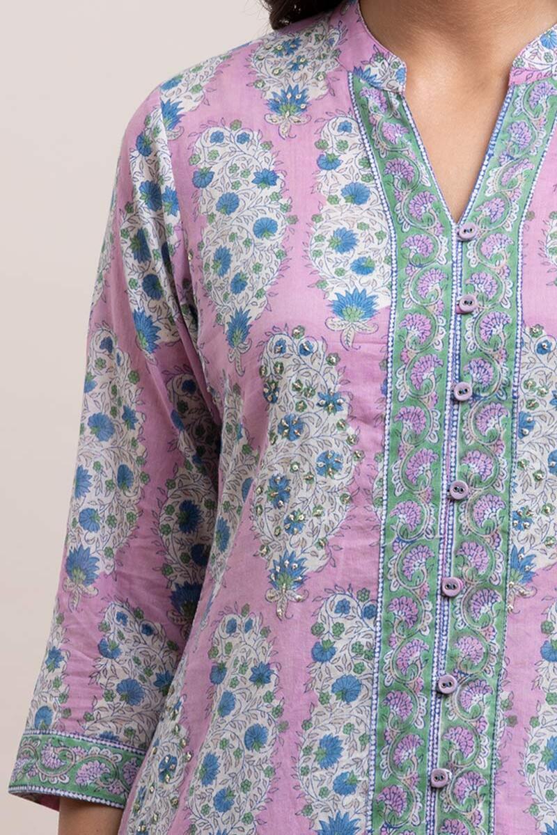 Purple Block Printed Straight Cotton Kurta
