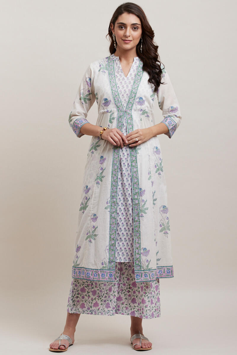 Purple Block Printed Anarkali Cotton Kurta
