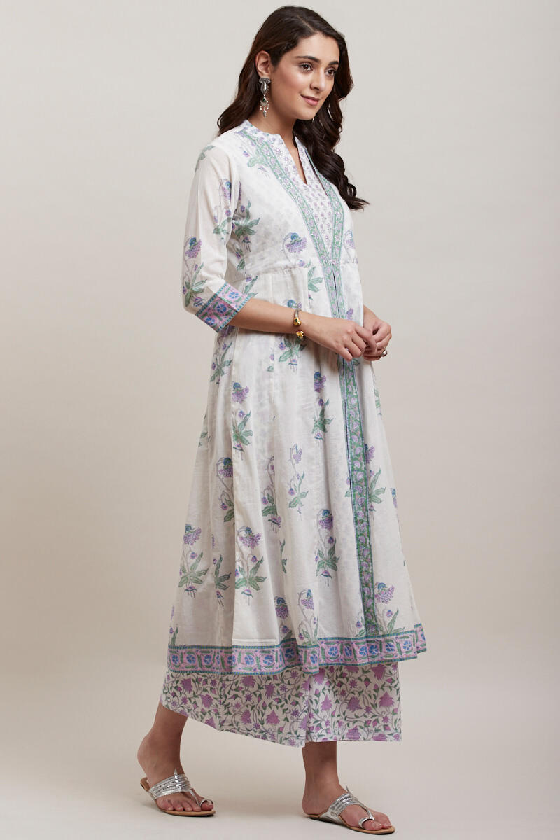 Purple Block Printed Anarkali Cotton Kurta