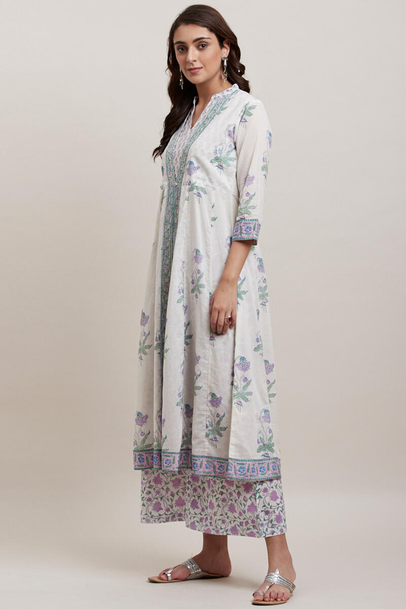 Purple Block Printed Anarkali Cotton Kurta