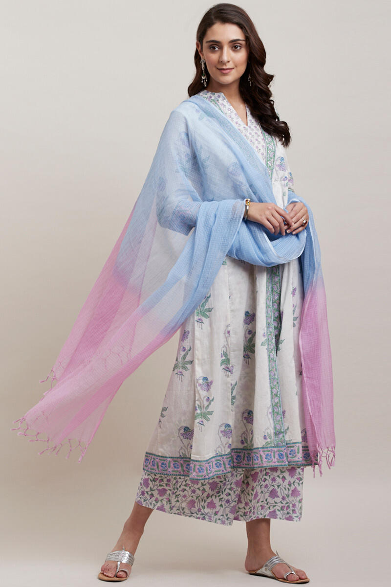 Purple Block Printed Anarkali Cotton Kurta