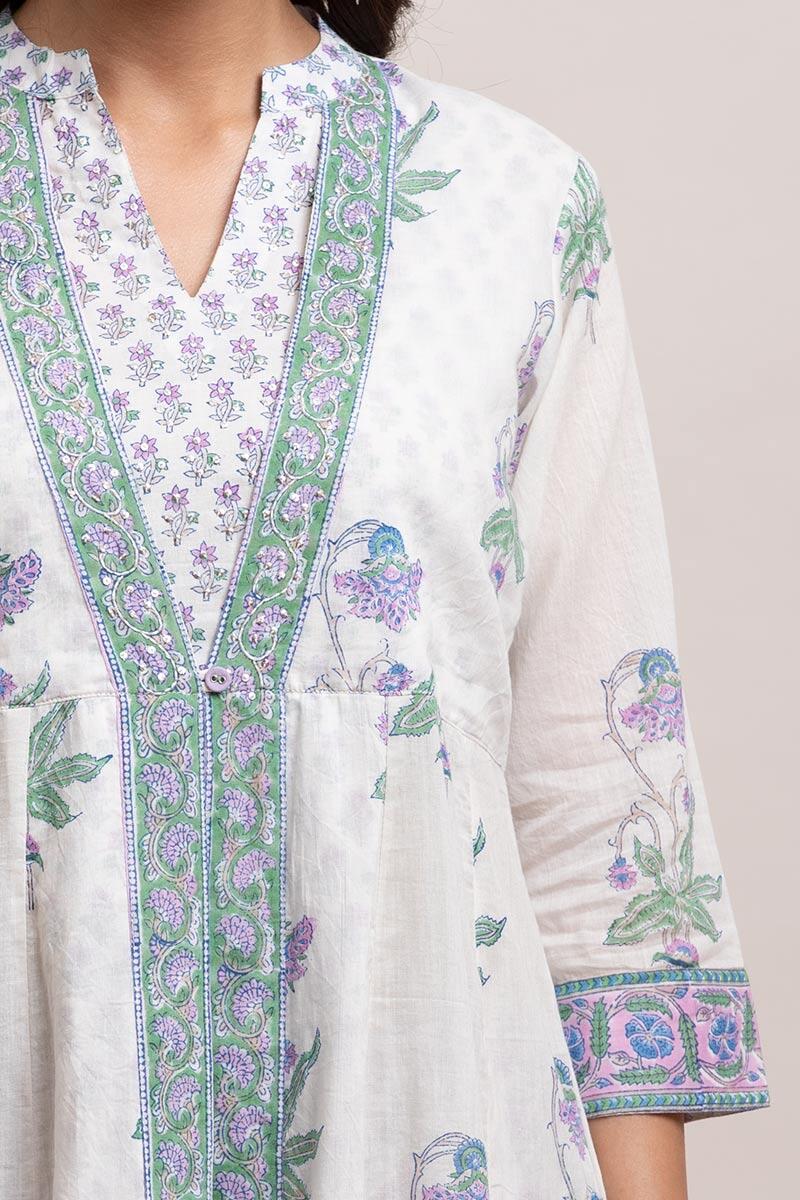 Purple Block Printed Anarkali Cotton Kurta