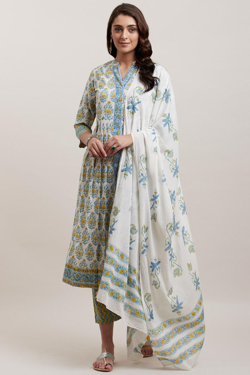 White Block Printed Cotton Dupatta