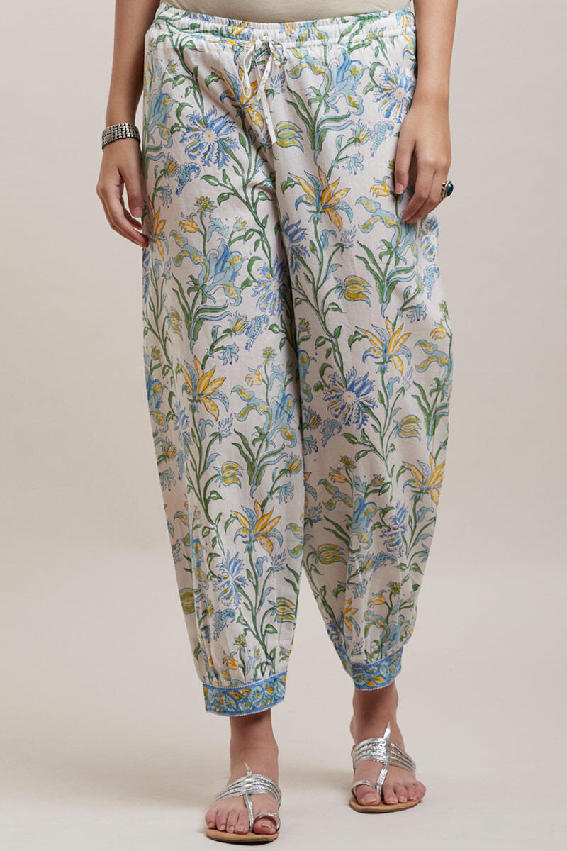 White Block Printed Cotton Izhaar Pants
