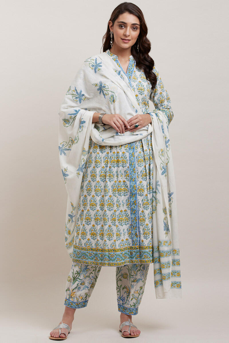 White Block Printed Cotton Izhaar Pants