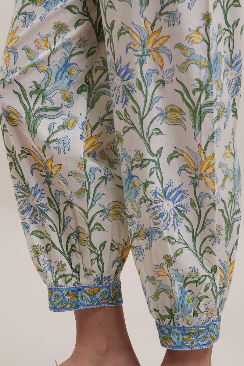 White Block Printed Cotton Izhaar Pants