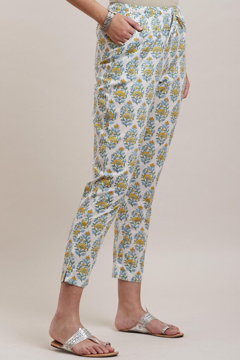 White Block Printed Cotton Cigarette Pants