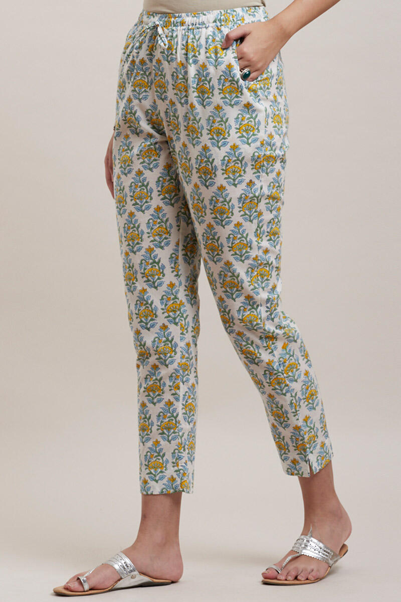 White Block Printed Cotton Cigarette Pants