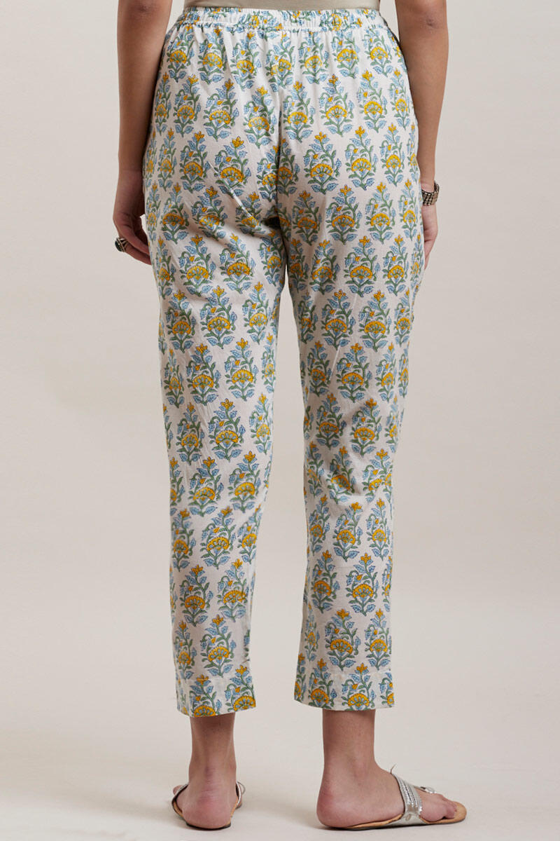 White Block Printed Cotton Cigarette Pants
