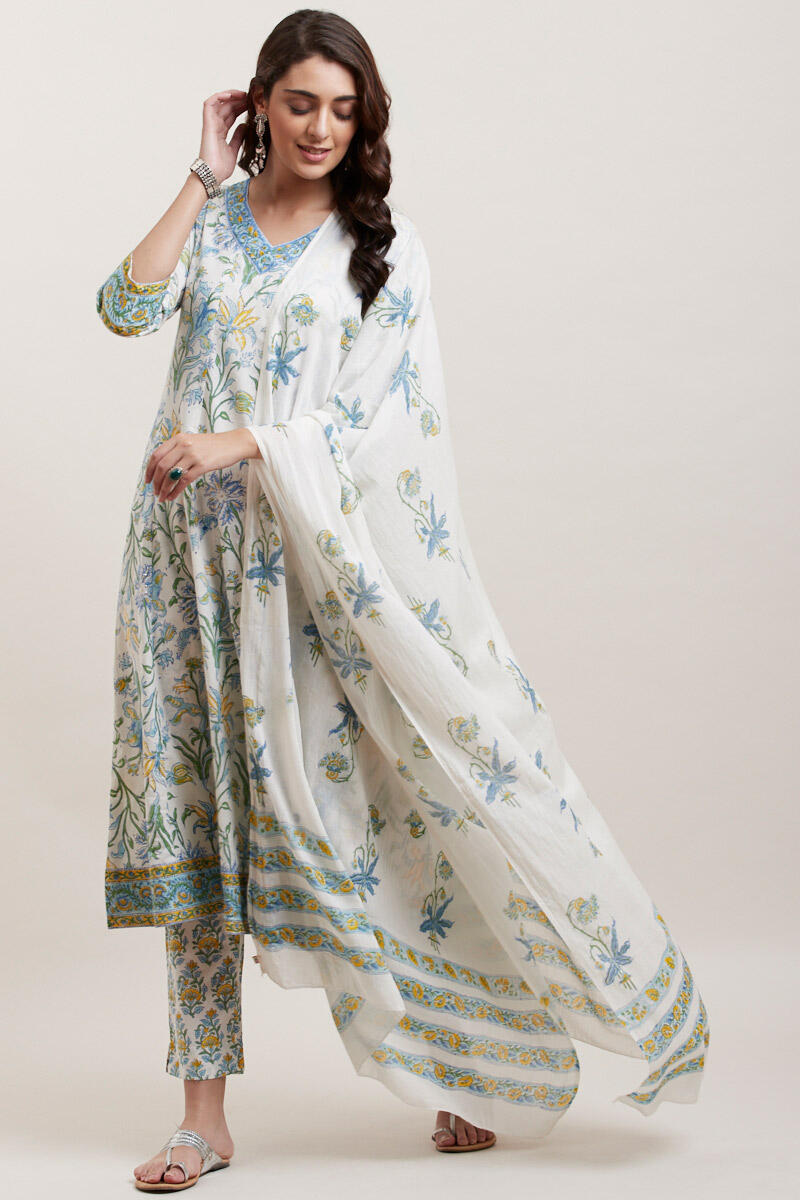 White Block Printed Cotton Cigarette Pants