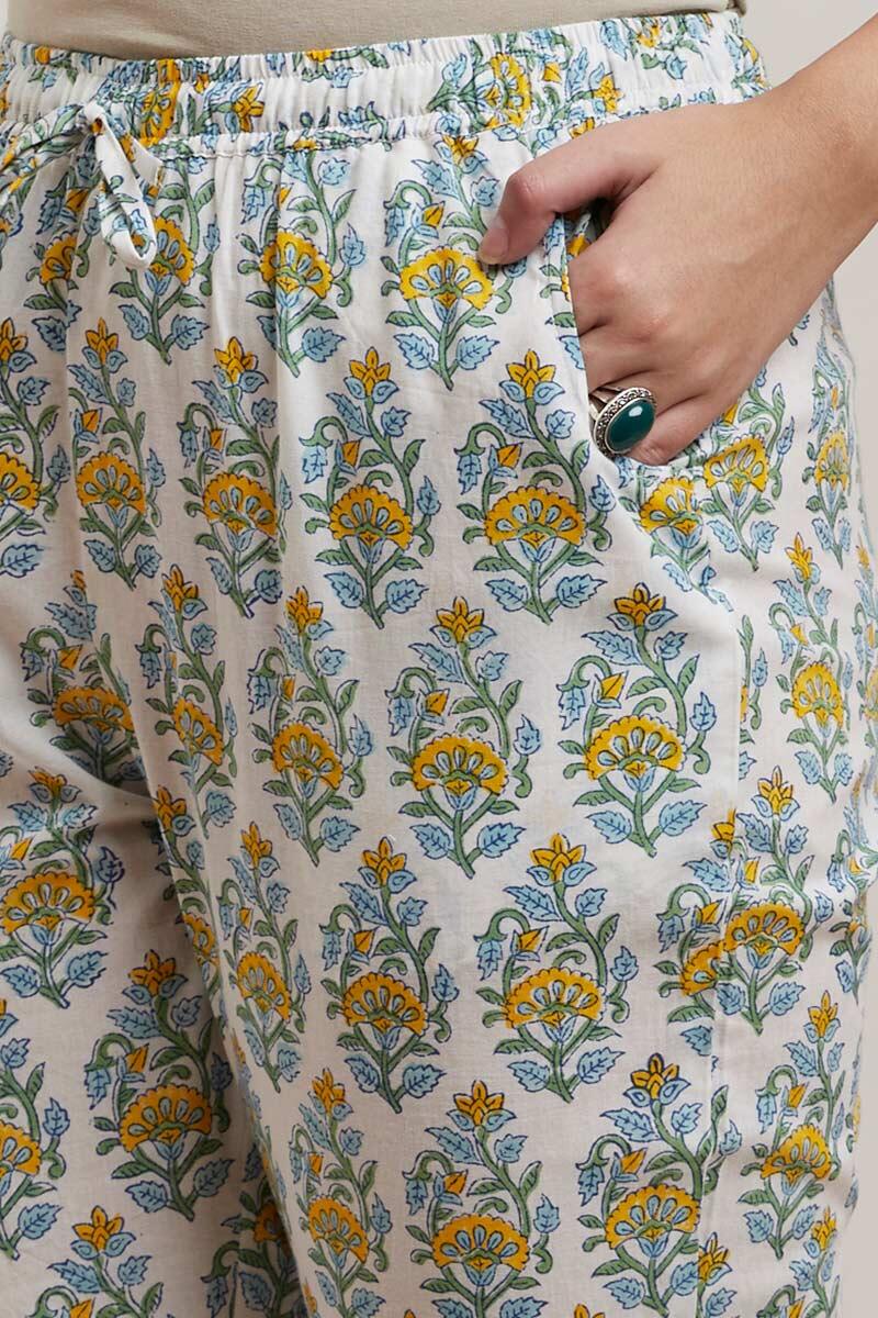 White Block Printed Cotton Cigarette Pants