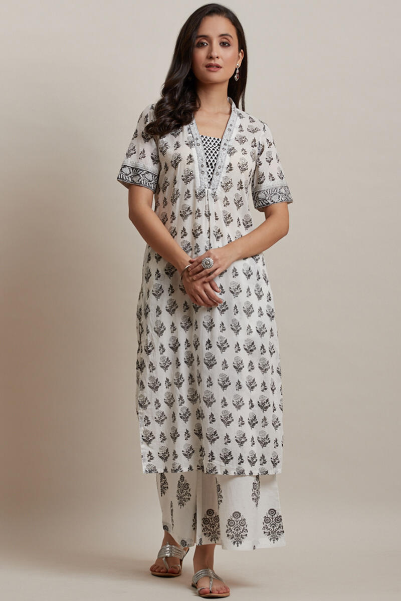 White Block Printed Straight Cotton Kurta