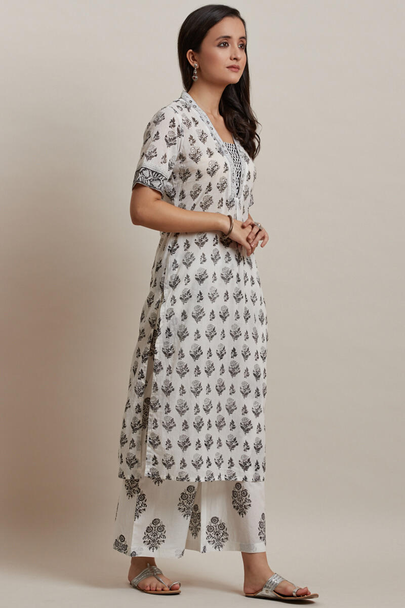 White Block Printed Straight Cotton Kurta